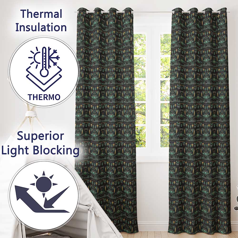 Dark Tribal Geometric Ethnic Pattern in Gold Teal Seamless Readymade Eyelet Ring Top Thermal 100% Blackout Curtains