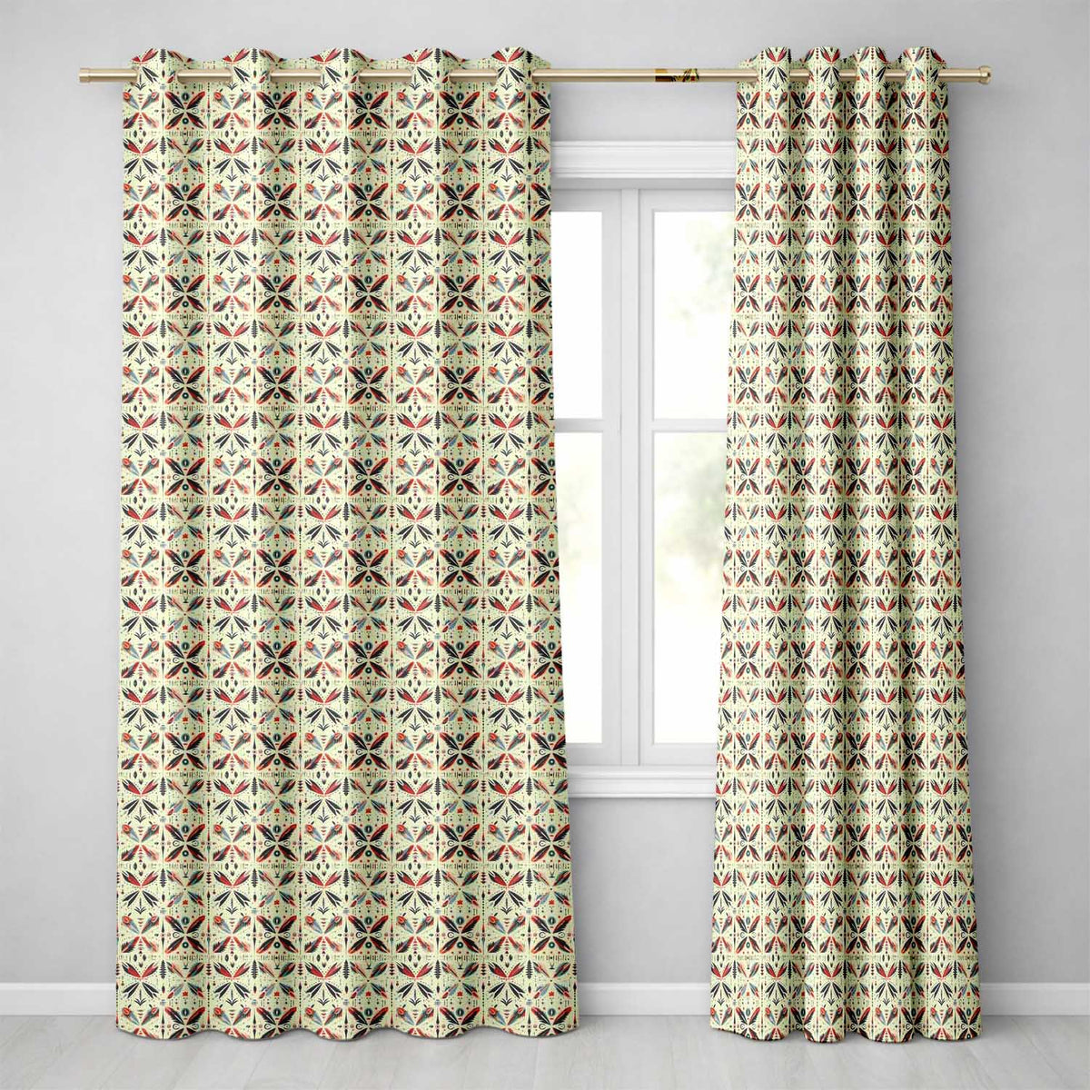 Abstract Retro Geometric Floral Pattern in Red Blue Seamless Readymade Eyelet Ring Top Thermal 100% Blackout Curtains