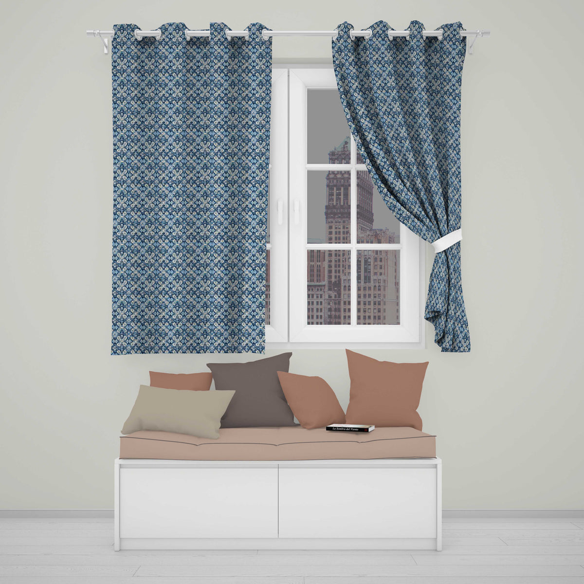Vintage Ethnic Ikat Diamond Pattern in Blue Seamless Readymade Eyelet Ring Top Thermal 100% Blackout Curtains