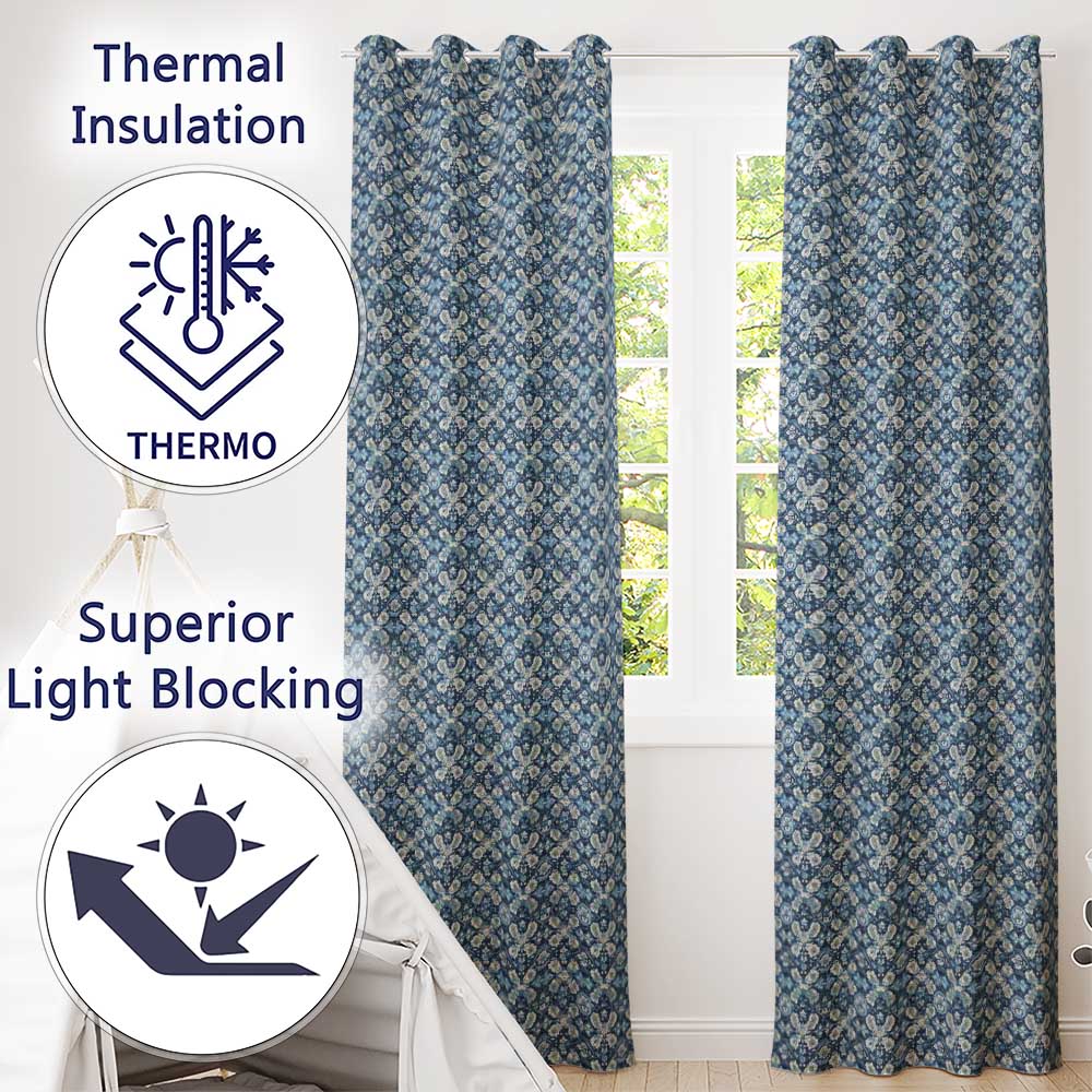 Vintage Ethnic Ikat Diamond Pattern in Blue Seamless Readymade Eyelet Ring Top Thermal 100% Blackout Curtains