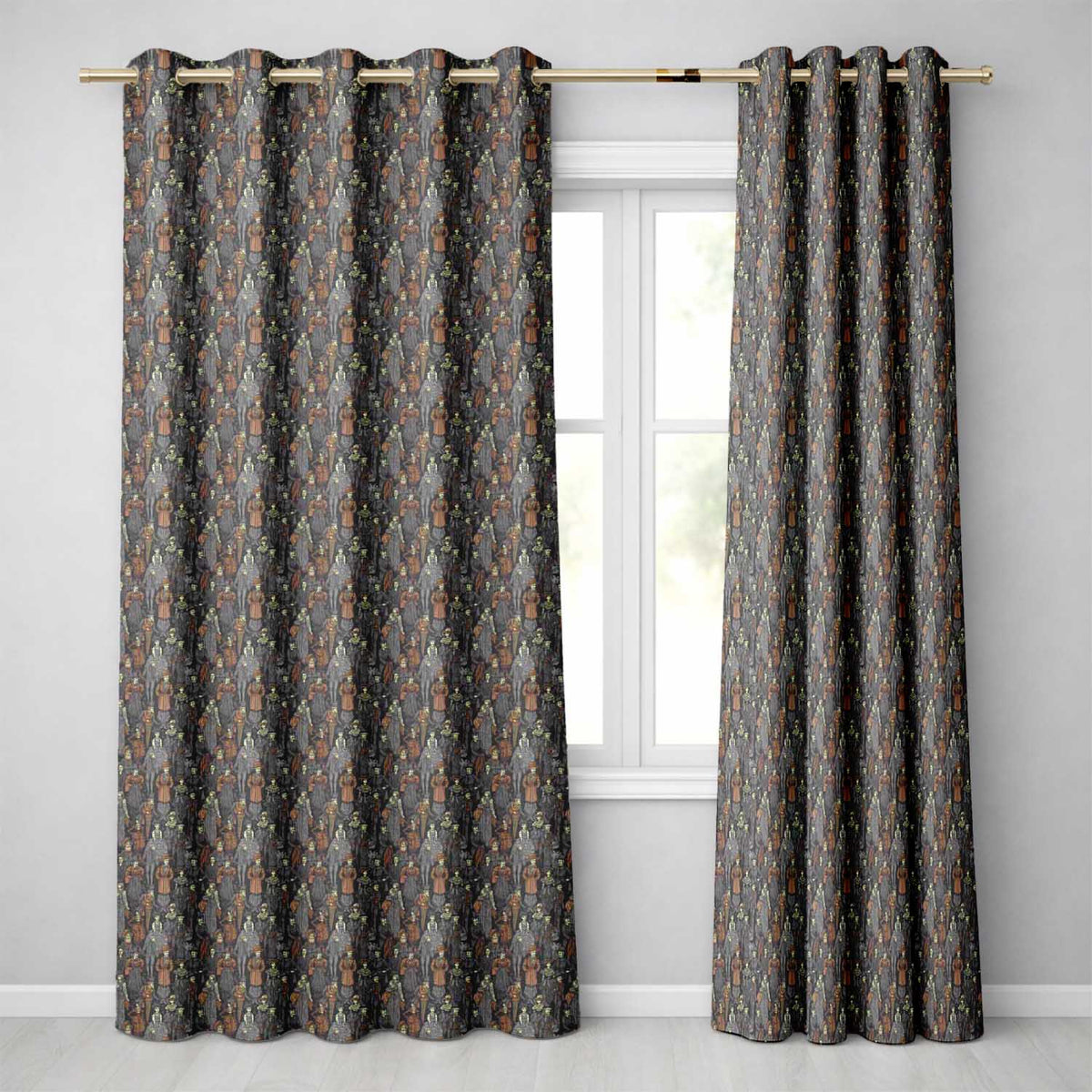 Vintage Crowd Illustration People Pattern in Warm Tones Seamless Readymade Eyelet Ring Top Thermal 100% Blackout Curtains