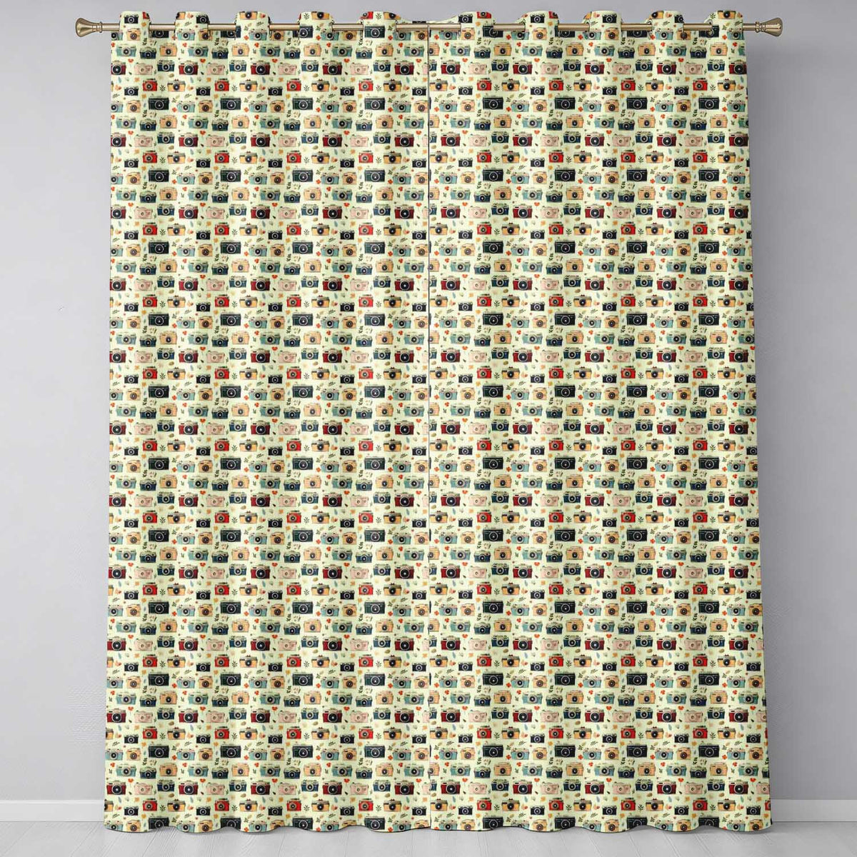 Vintage Retro Camera Pattern with Floral Elements Seamless Readymade Eyelet Ring Top Thermal 100% Blackout Curtains