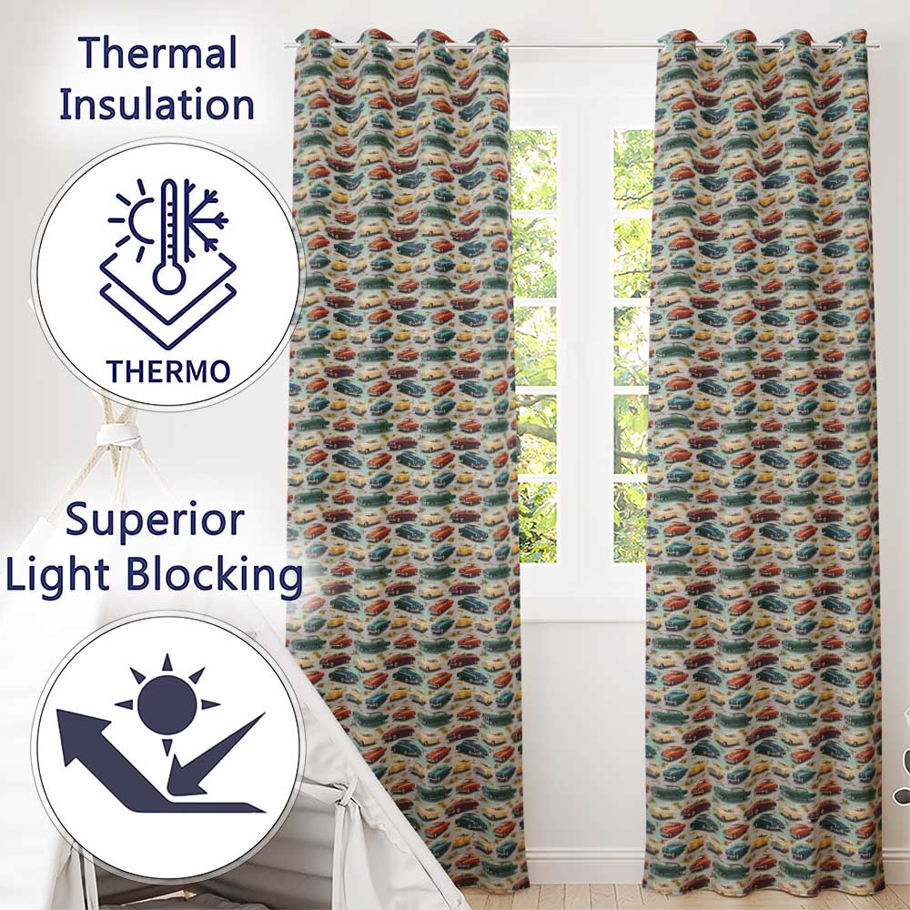 Colorful Retro Cars Autumn Leaves Pattern Seamless Readymade Eyelet Ring Top Thermal 100% Blackout Curtains