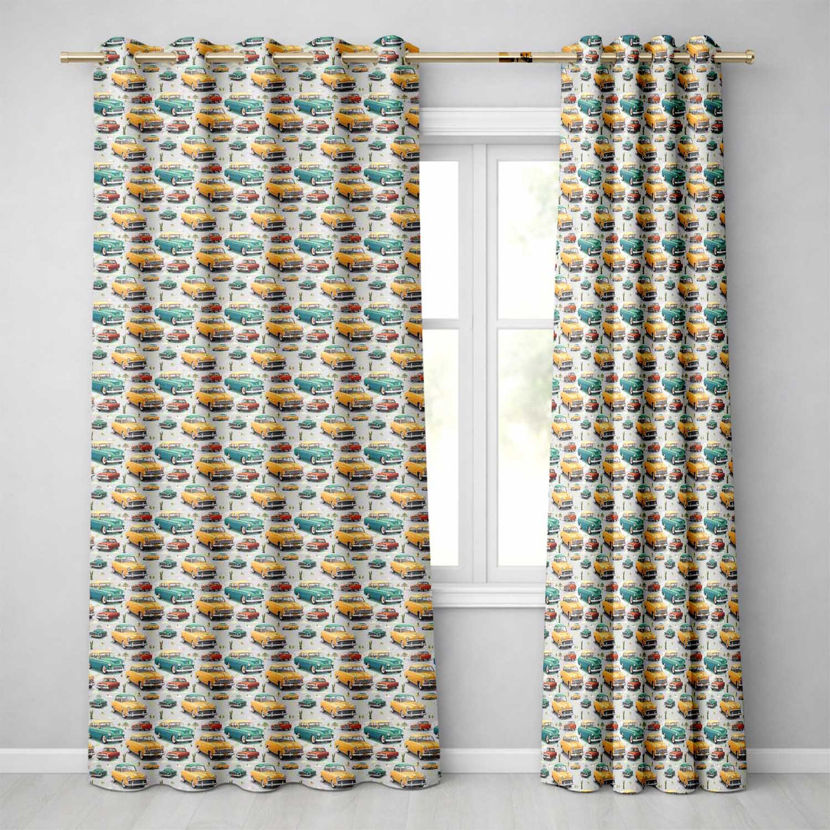 Mid Century Classic Cars Scenic Pattern Seamless Readymade Eyelet Ring Top Thermal 100% Blackout Curtains