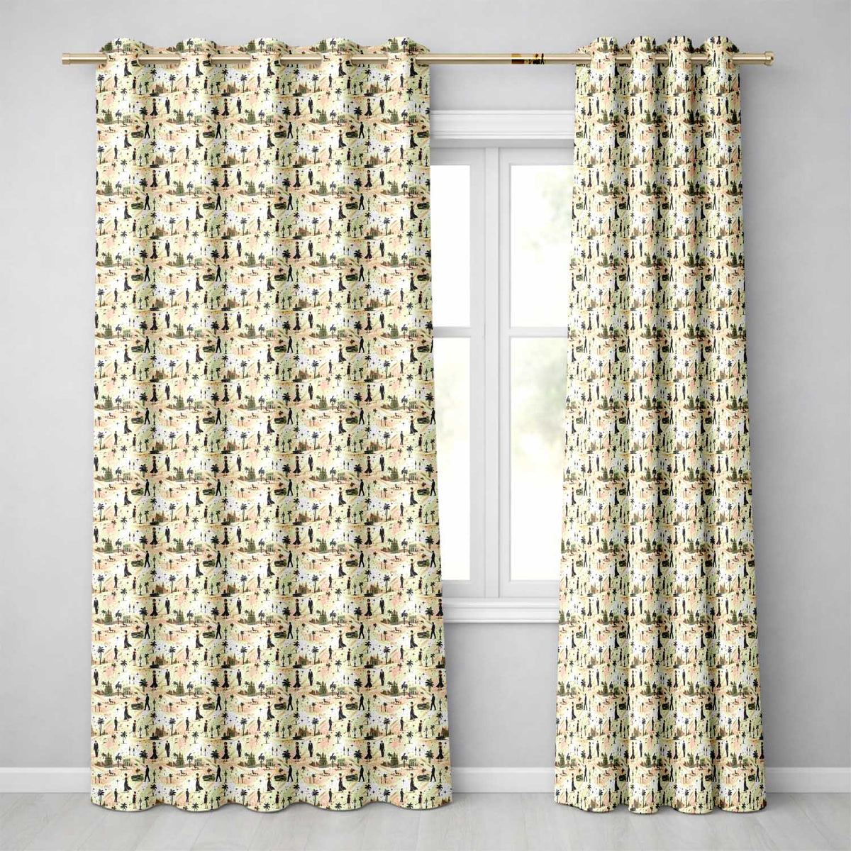 Vintage Desert Scene Couples and Landmarks Pattern Seamless Readymade Eyelet Ring Top Thermal 100% Blackout Curtains