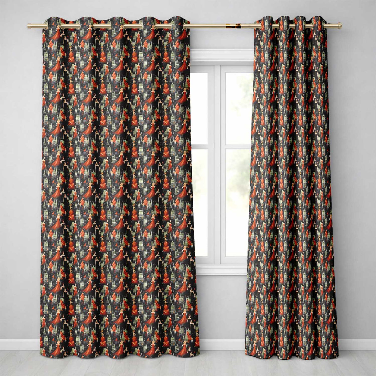 Elegant Vintage Evening Couples Cityscape Seamless Pattern Readymade Eyelet Ring Top Thermal 100% Blackout Curtains