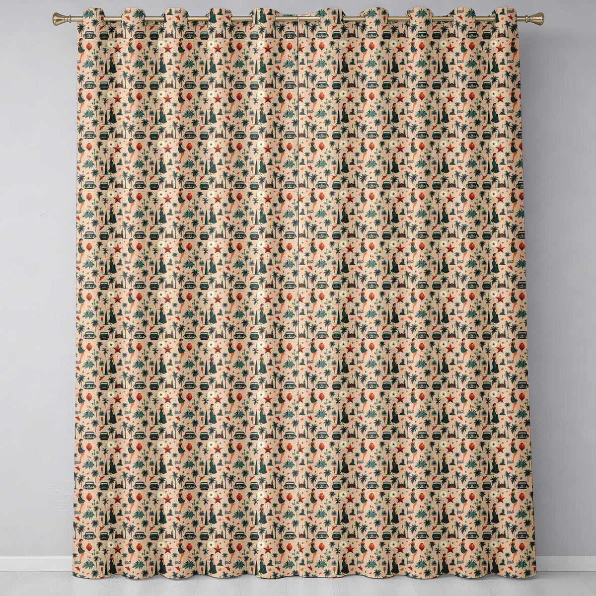 Retro Mid Century Fashion Cars and Palm Trees Seamless Pattern Readymade Eyelet Ring Top Thermal 100% Blackout Curtains