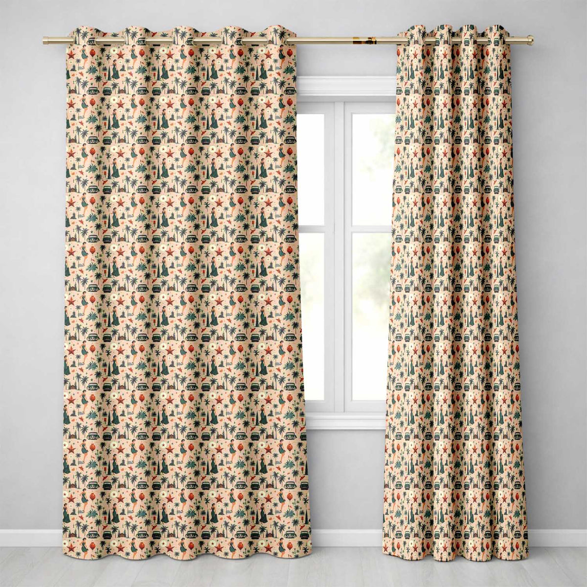 Retro Mid Century Fashion Cars and Palm Trees Seamless Pattern Readymade Eyelet Ring Top Thermal 100% Blackout Curtains