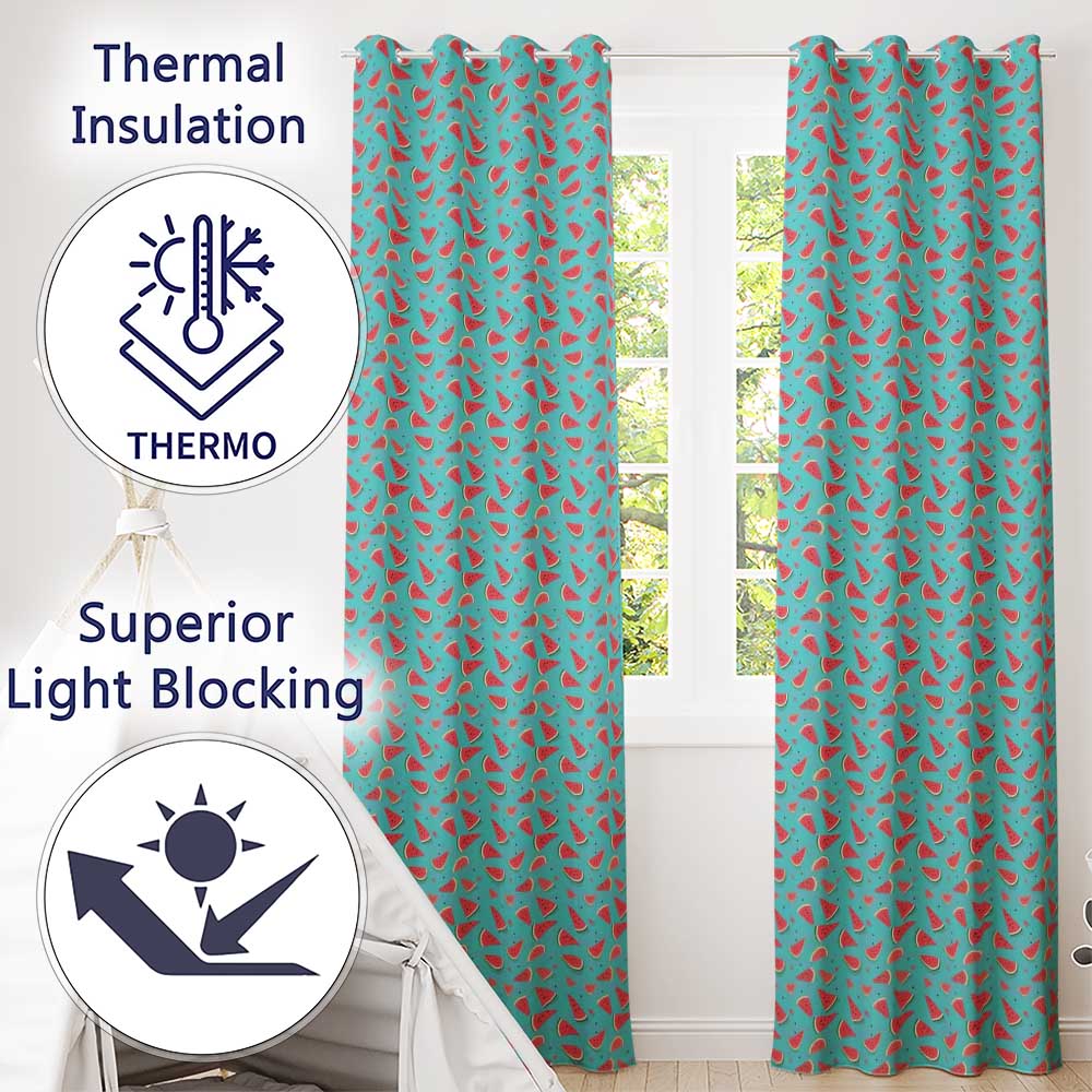 Bright Blue Background Watermelon Slice Seamless Pattern Readymade Eyelet Ring Top Thermal 100% Blackout Curtains
