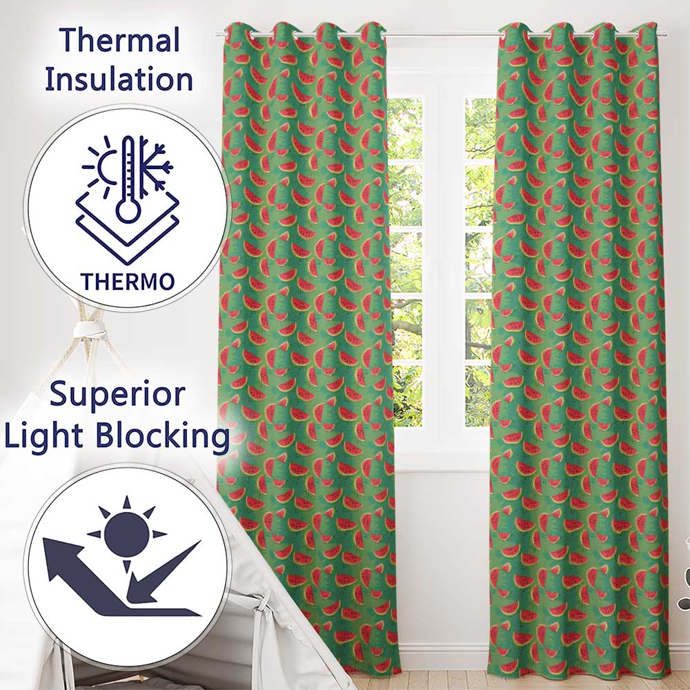 Watermelon Slices on Green Painted Background Seamless Pattern Readymade Eyelet Ring Top Thermal 100% Blackout Curtains