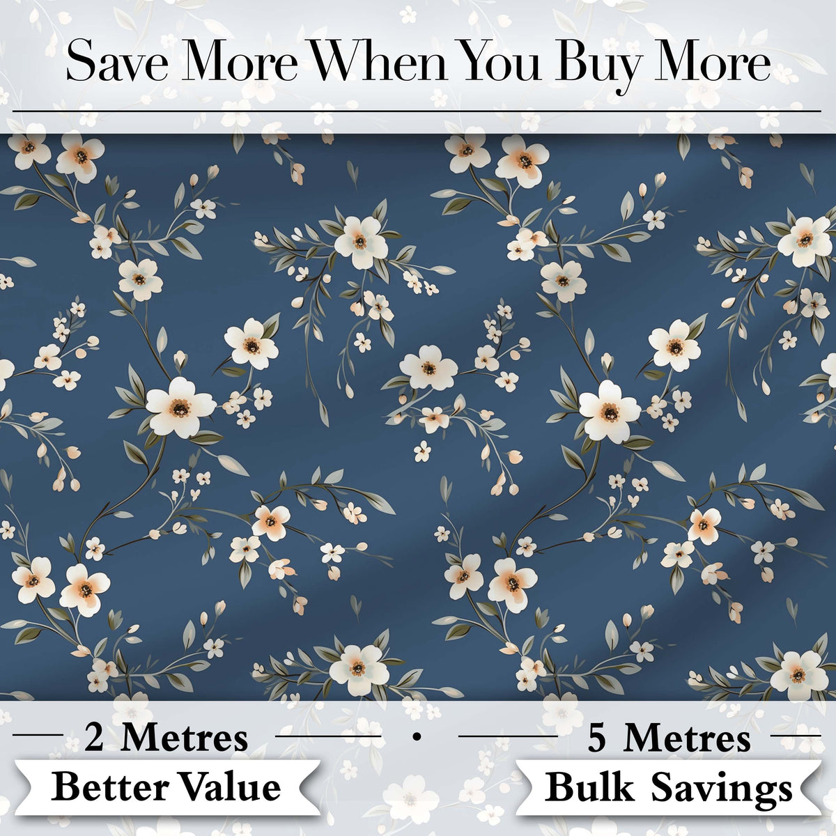 Elegant Navy Floral Vine Delicate Botanical Charming Decor Digital Print Material by the Metre UK Sewing Quilting Textile