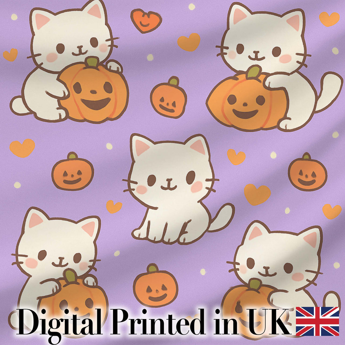 Cute Halloween Cat Pumpkin Cartoon Animal Pattern Cute Unique Gift Digital Print Material by the Metre UK Sewing Quilting Textile
