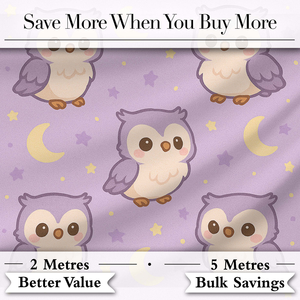 Cute Night Owl Moon Cartoon Animal Pattern Charming Decor Digital Print Material by the Metre UK Sewing Quilting Textile