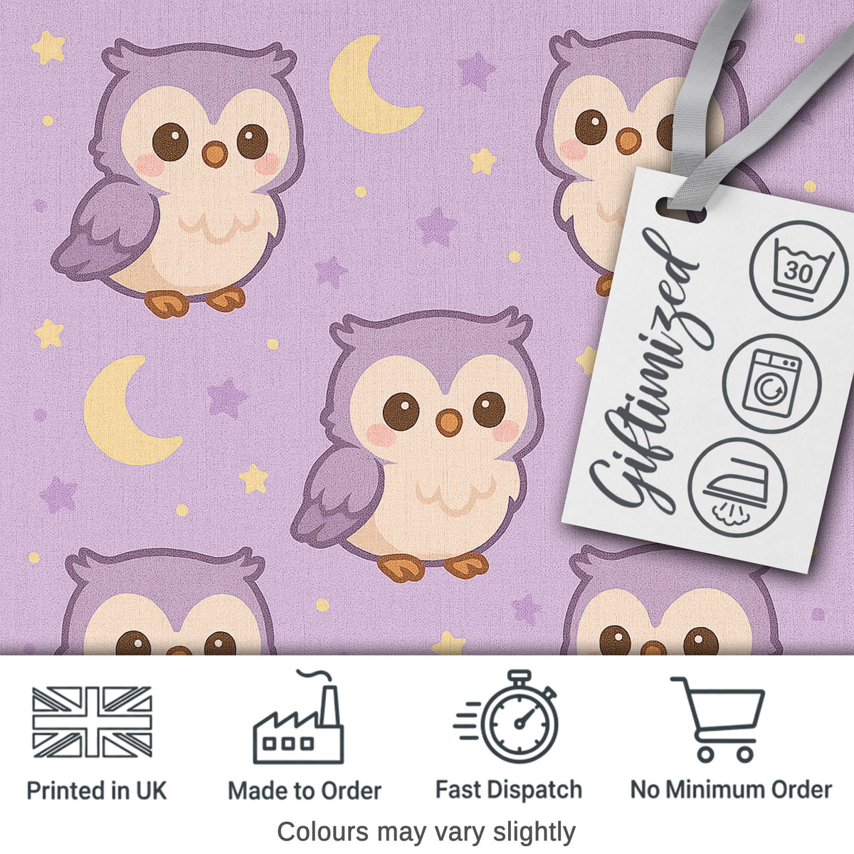 Cute Night Owl Moon Cartoon Animal Pattern Charming Decor Digital Print Material by the Metre UK Sewing Quilting Textile