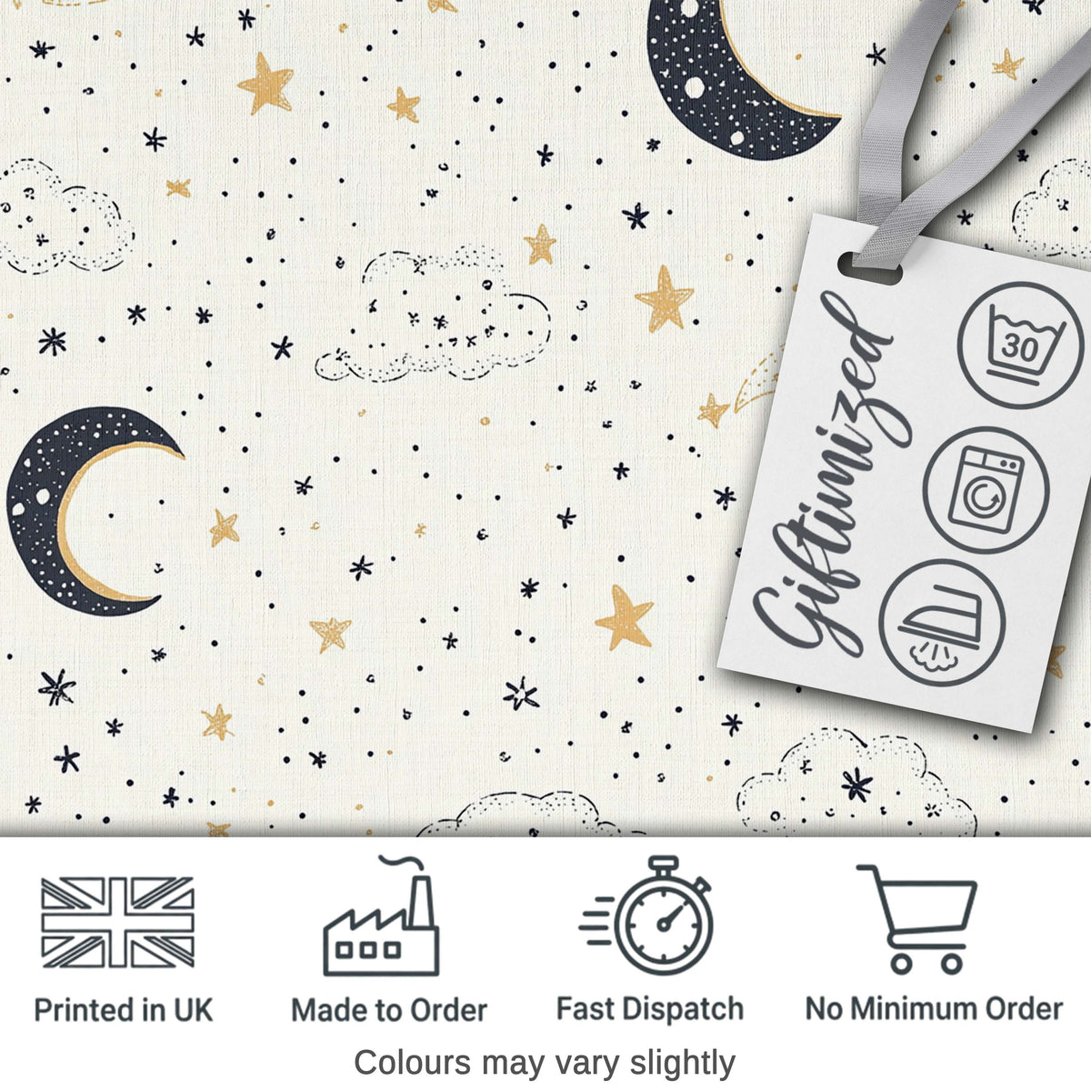 Cute Moon Stars Clouds Nursery Neutral Seamless Pattern Lovely Digital Print Material by the Metre UK Sewing Quilting Textile