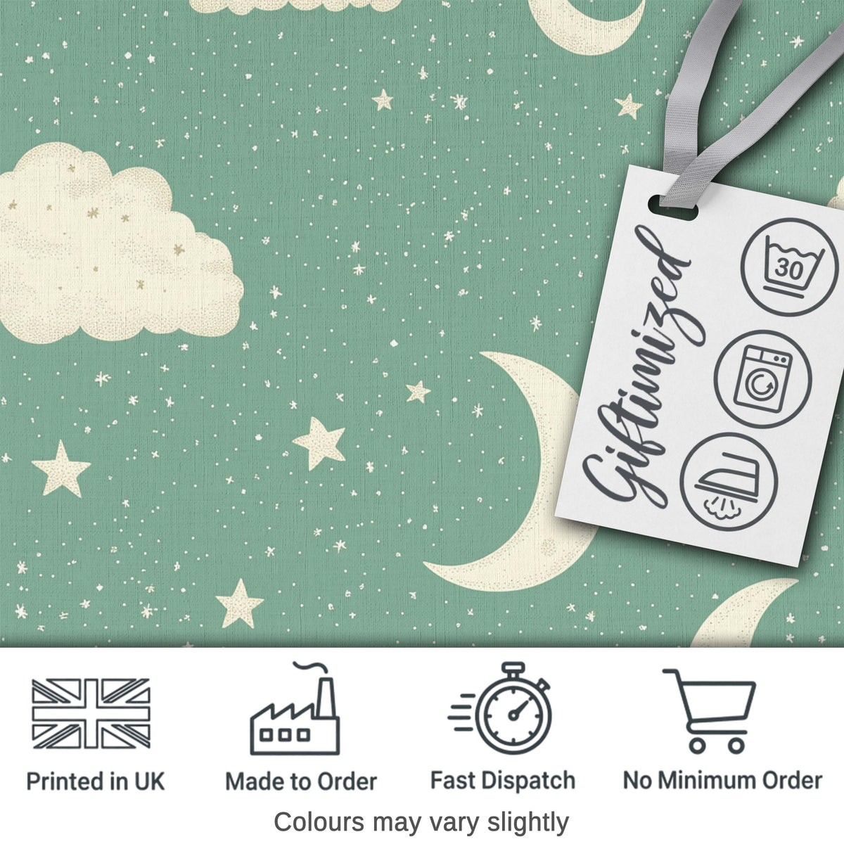 Soft Teal Moon Stars Dreamy Sky Seamless Pattern Cute Unique Gift Digital Print Material by the Metre UK Sewing Quilting Textile
