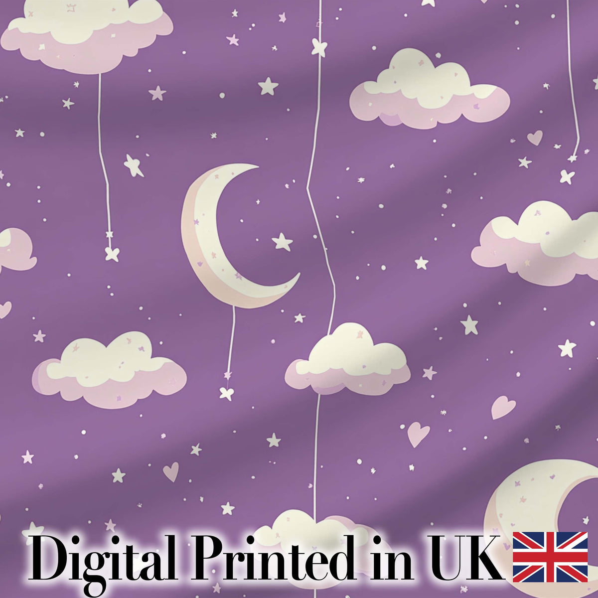 Purple Night Sky Moon Hanging Stars Cute Seamless Pattern Lovely Digital Print Material by the Metre UK Sewing Quilting Textile