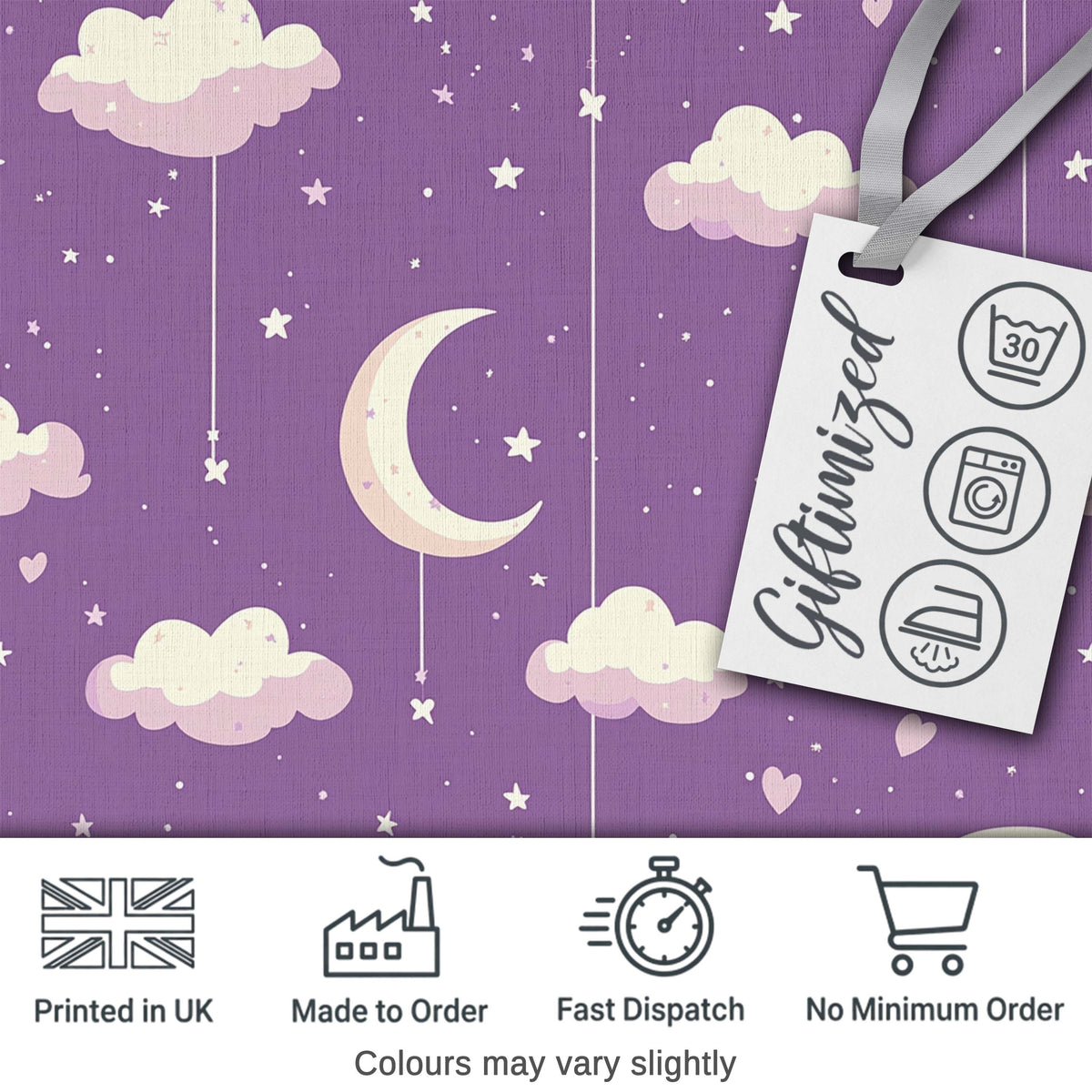 Purple Night Sky Moon Hanging Stars Cute Seamless Pattern Lovely Digital Print Material by the Metre UK Sewing Quilting Textile