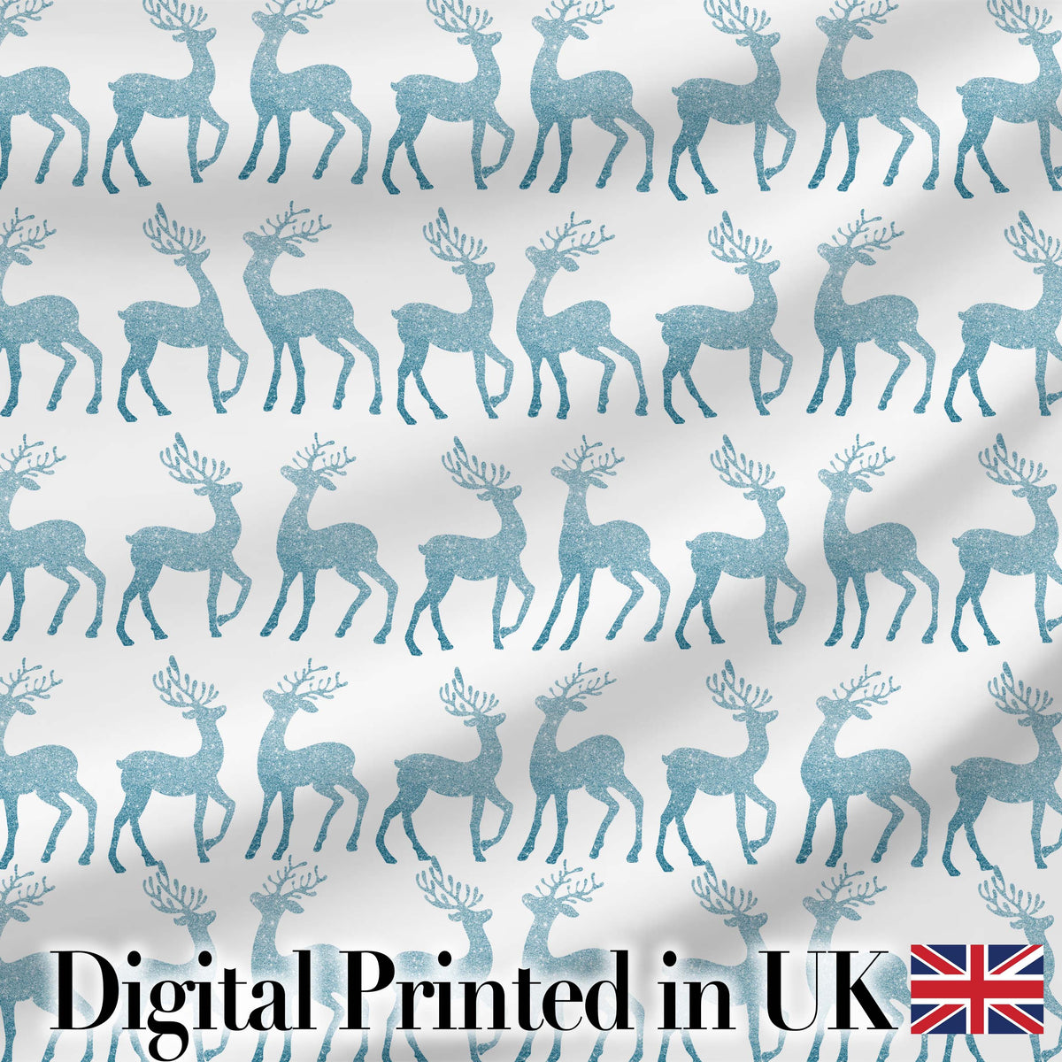 Blue Glitter Reindeer Christmas White Background Seamless Pattern Digital Print Material by the Metre UK Sewing Quilting Textile