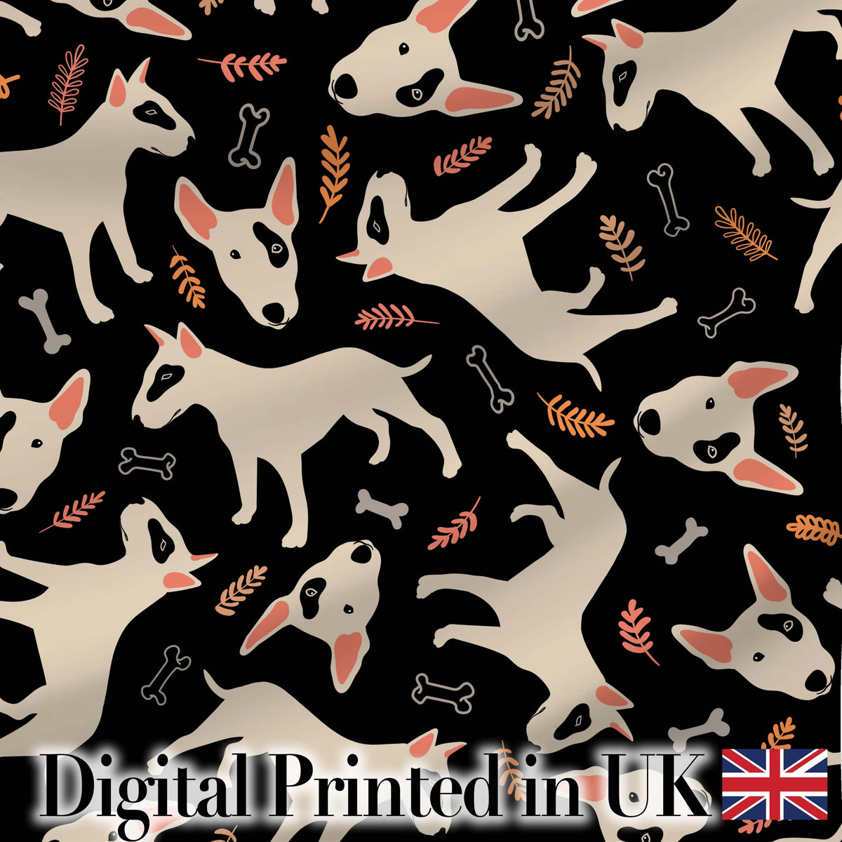 Bull Terrier Dogs Black Background Leaves Seamless Pattern Lovely Digital Print Material by the Metre UK Sewing Quilting Textile