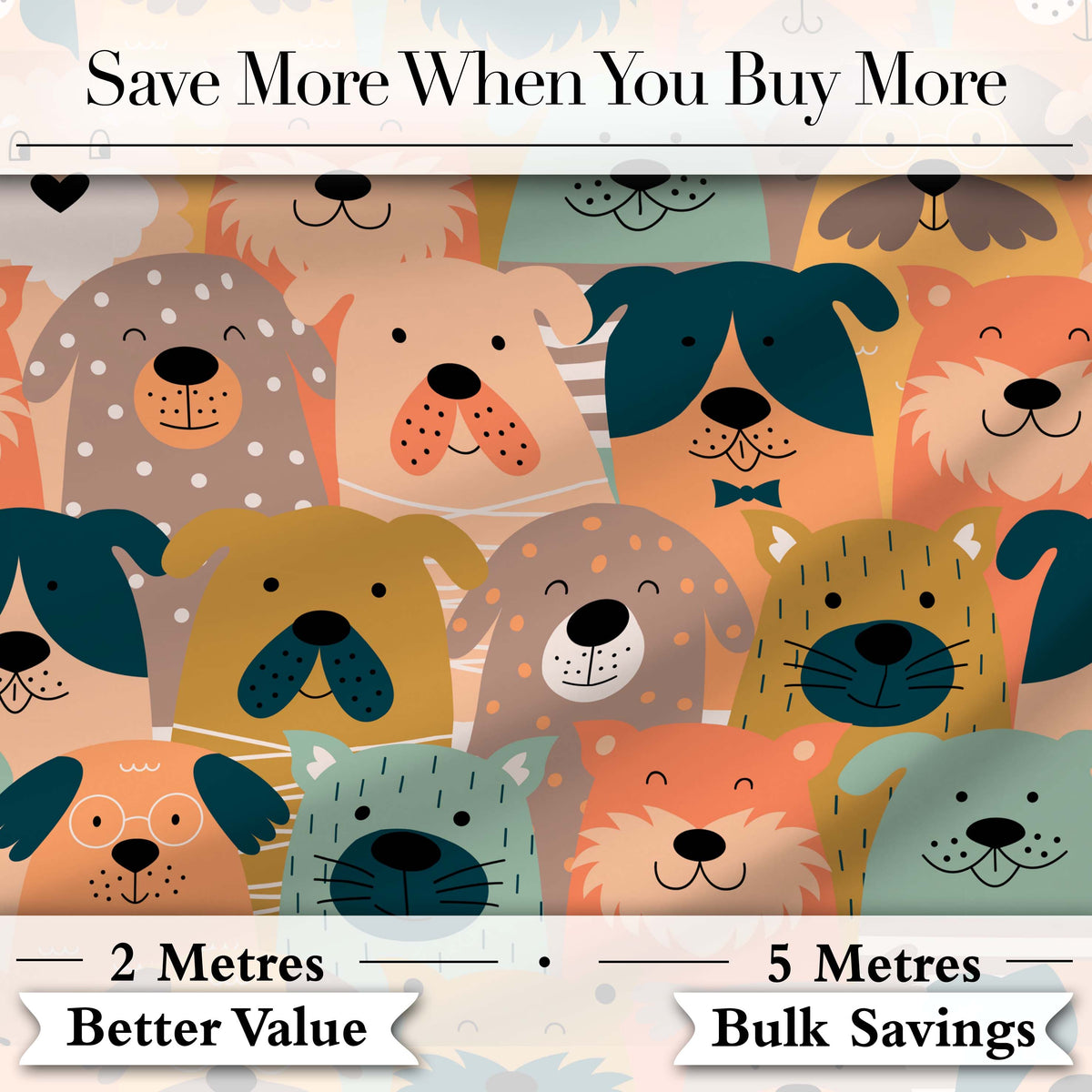 Cute Cartoon Dog Faces Warm Colour Palette Seamless Pattern Lovely Digital Print Material by the Metre UK Sewing Quilting Textile