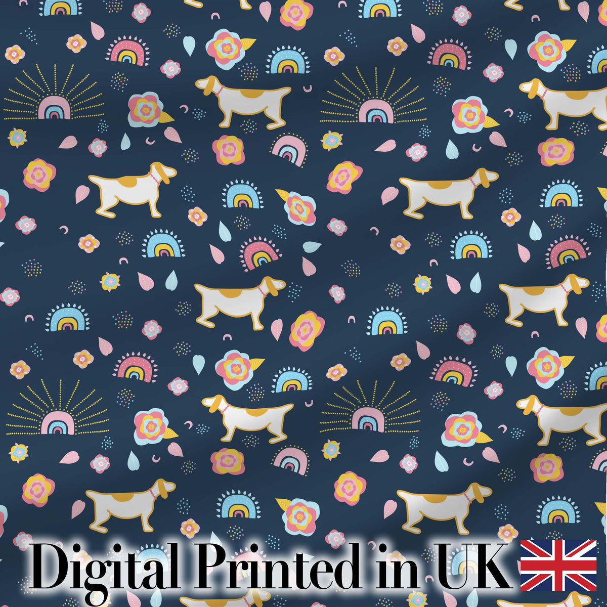 Boho Dog Floral Rainbow Navy Background Seamless Pattern Lovely Digital Print Material by the Metre UK Sewing Quilting Textile