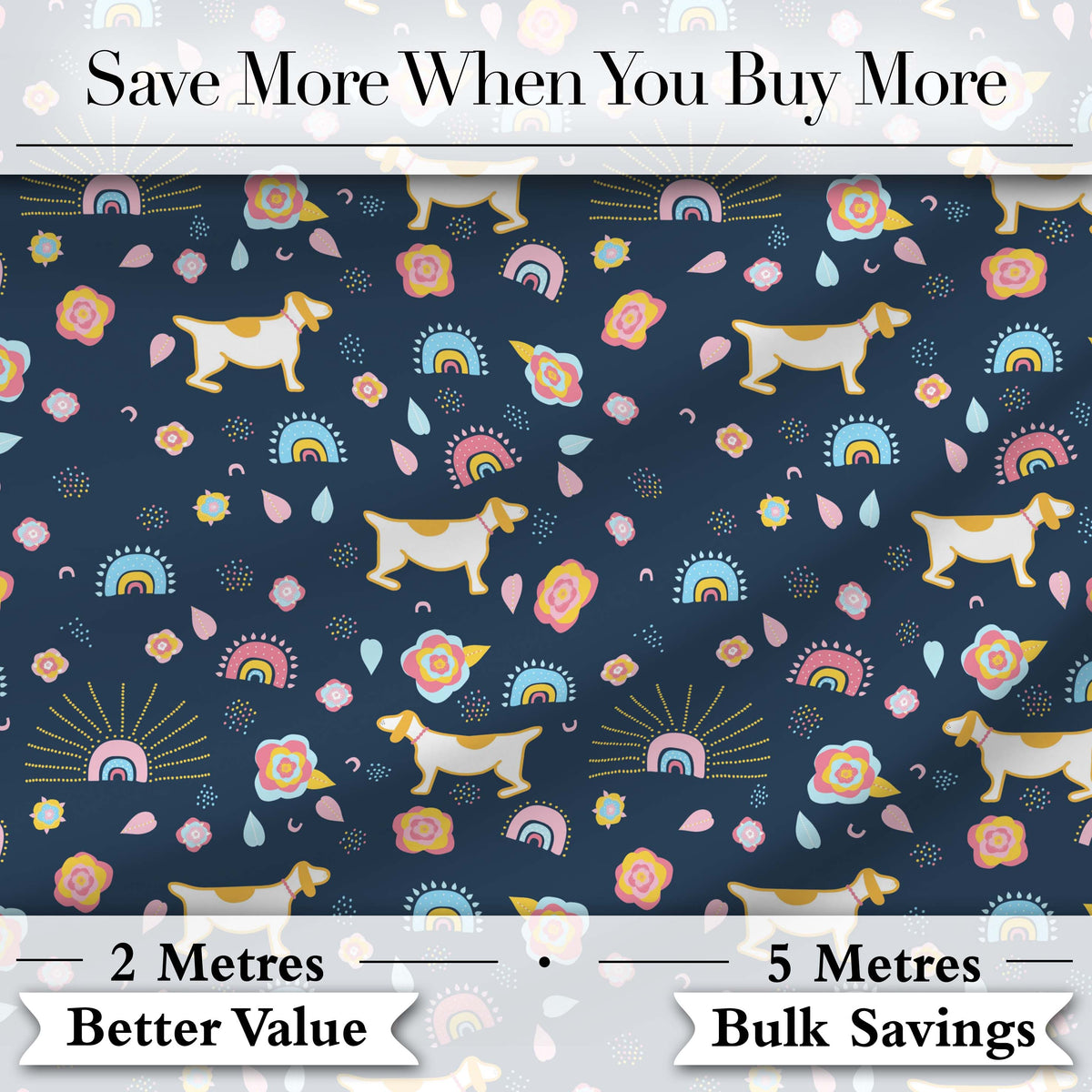 Boho Dog Floral Rainbow Navy Background Seamless Pattern Lovely Digital Print Material by the Metre UK Sewing Quilting Textile