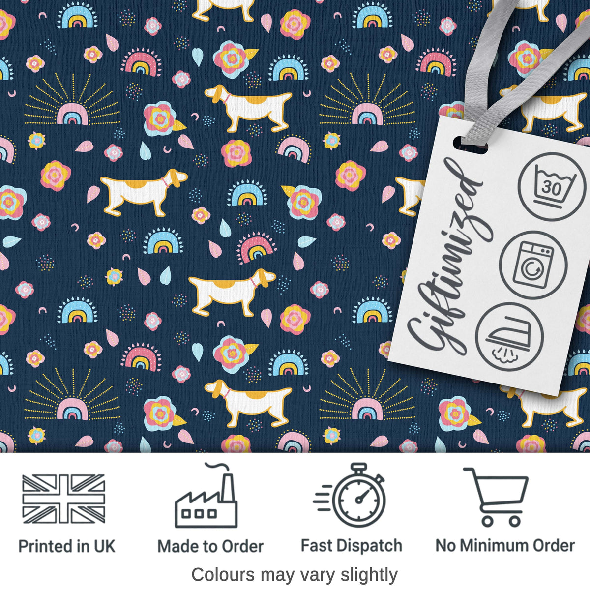 Boho Dog Floral Rainbow Navy Background Seamless Pattern Lovely Digital Print Material by the Metre UK Sewing Quilting Textile