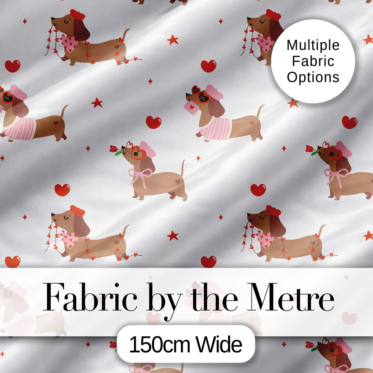 Cute Dachshund Valentine Hearts Love Seamless Pattern Lovely Digital Print Material by the Metre UK Sewing Quilting Textile