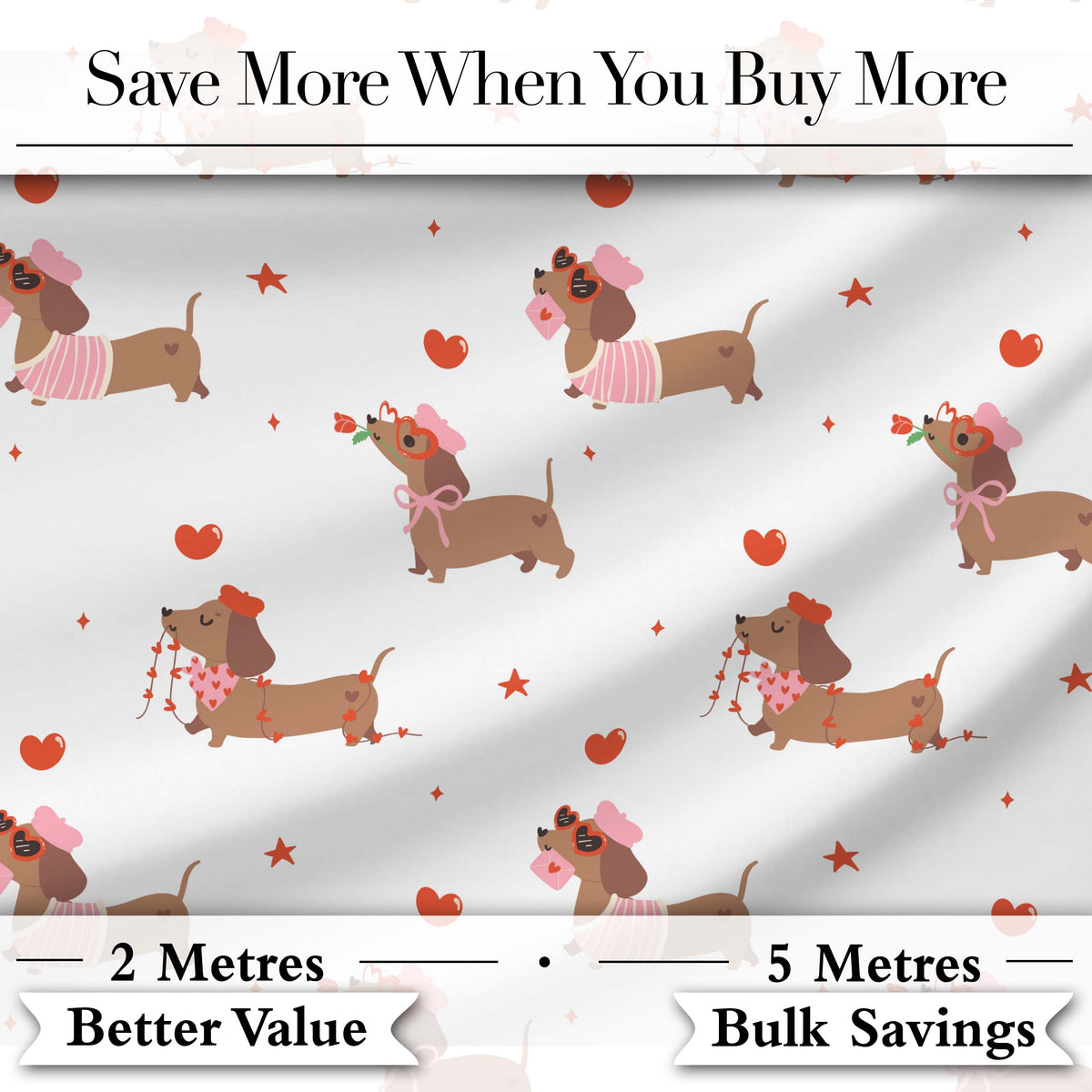 Cute Dachshund Valentine Hearts Love Seamless Pattern Lovely Digital Print Material by the Metre UK Sewing Quilting Textile