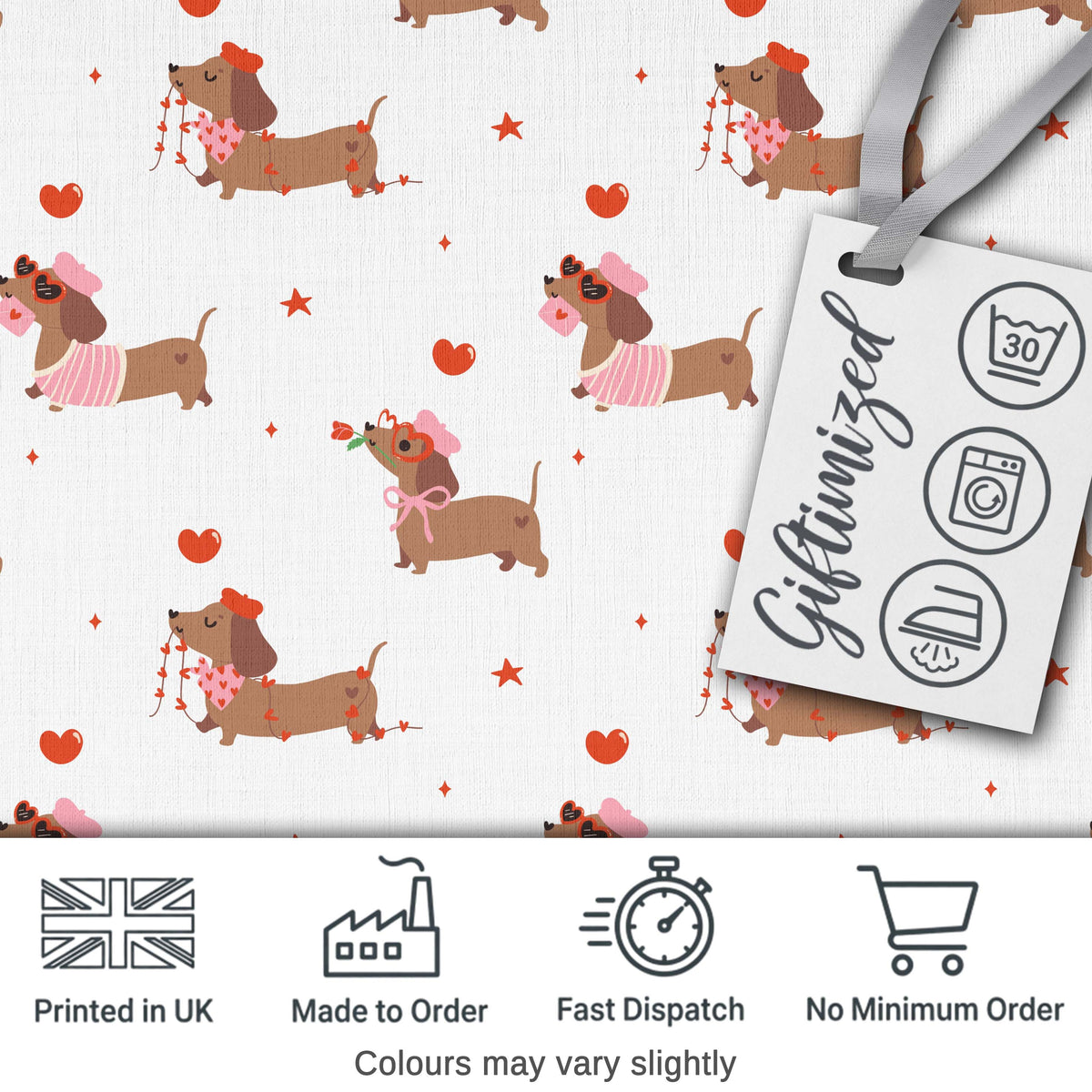 Cute Dachshund Valentine Hearts Love Seamless Pattern Lovely Digital Print Material by the Metre UK Sewing Quilting Textile