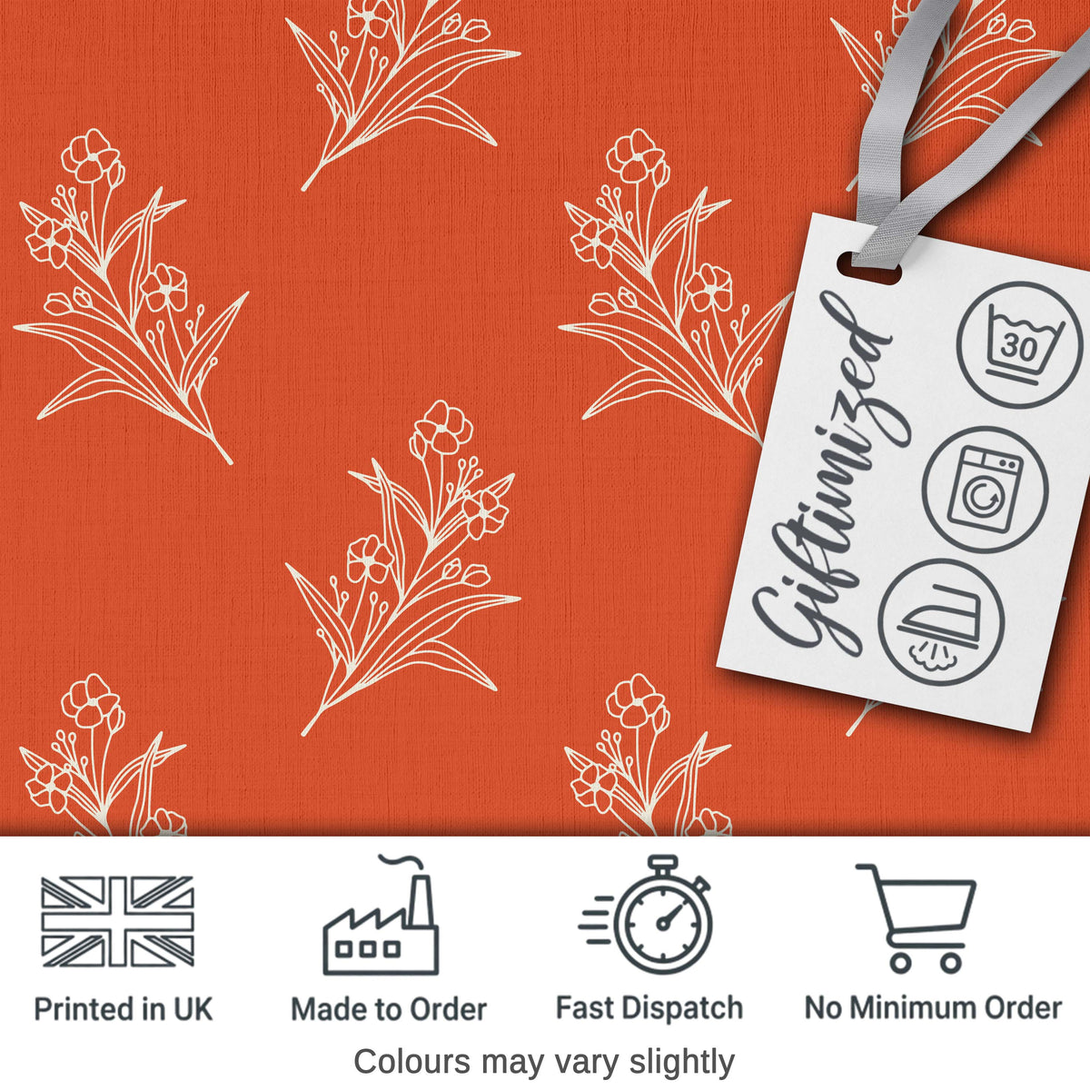Minimal White Floral Line Art Orange Background Seamless Pattern Digital Print Material by the Metre UK Sewing Quilting Textile