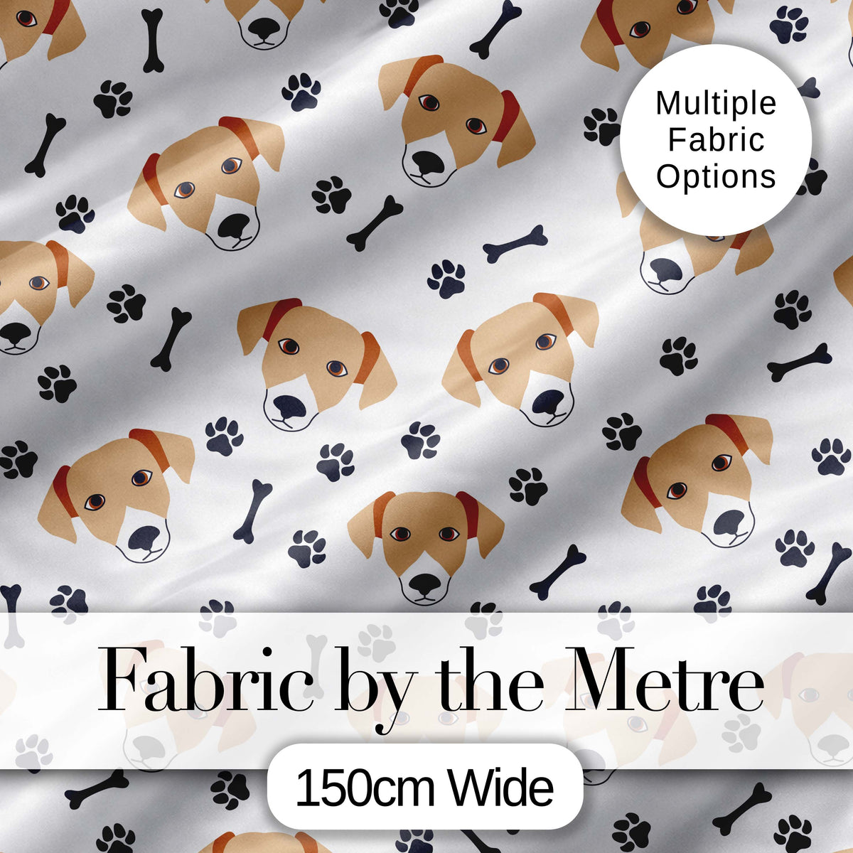 Cute Dog Faces Paw Prints Bones White Background Seamless Pattern Digital Print Material by the Metre UK Sewing Quilting Textile