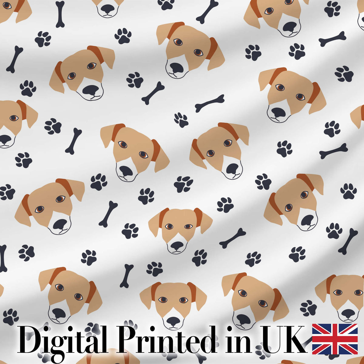 Cute Dog Faces Paw Prints Bones White Background Seamless Pattern Digital Print Material by the Metre UK Sewing Quilting Textile