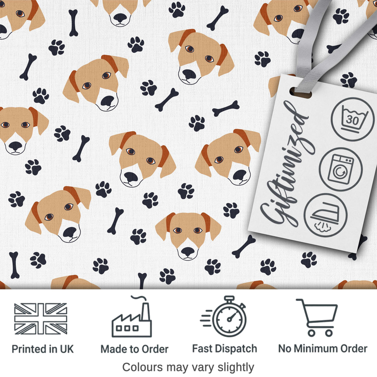 Cute Dog Faces Paw Prints Bones White Background Seamless Pattern Digital Print Material by the Metre UK Sewing Quilting Textile