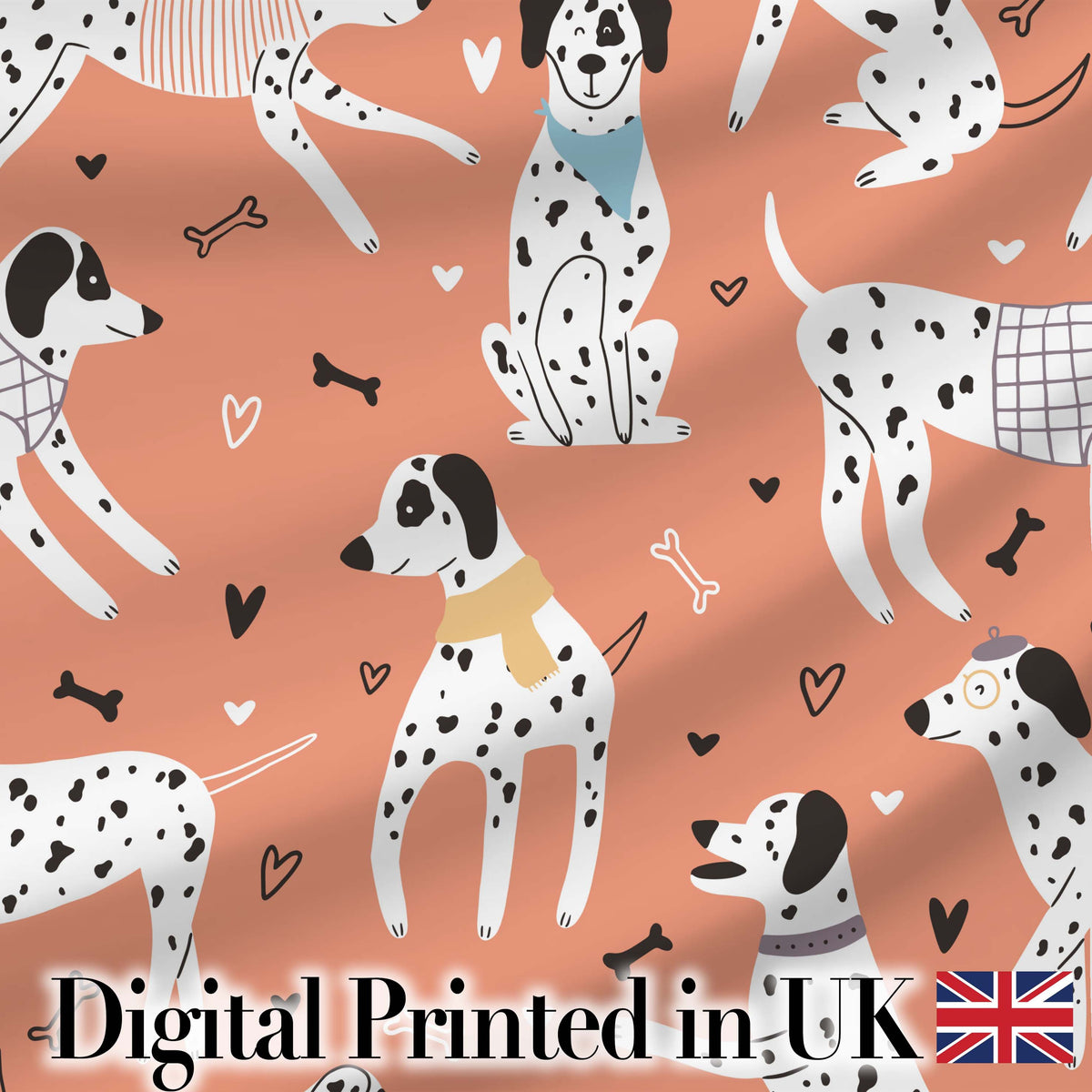 Dalmatian Dogs Hearts Peach Background Seamless Pattern Lovely Digital Print Material by the Metre UK Sewing Quilting Textile