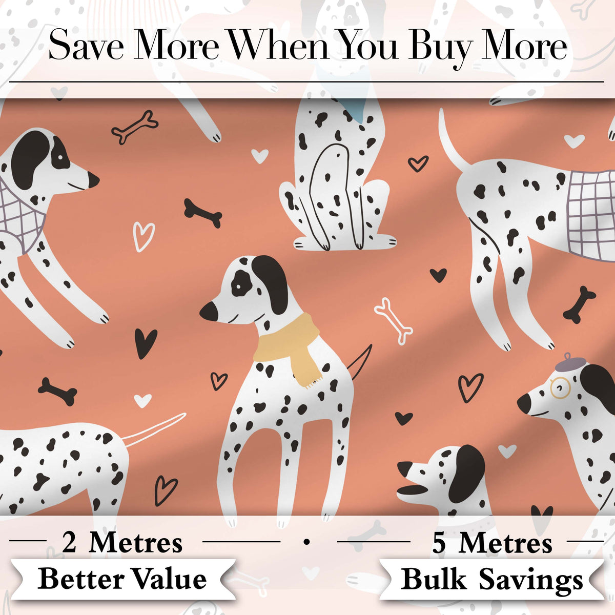 Dalmatian Dogs Hearts Peach Background Seamless Pattern Lovely Digital Print Material by the Metre UK Sewing Quilting Textile
