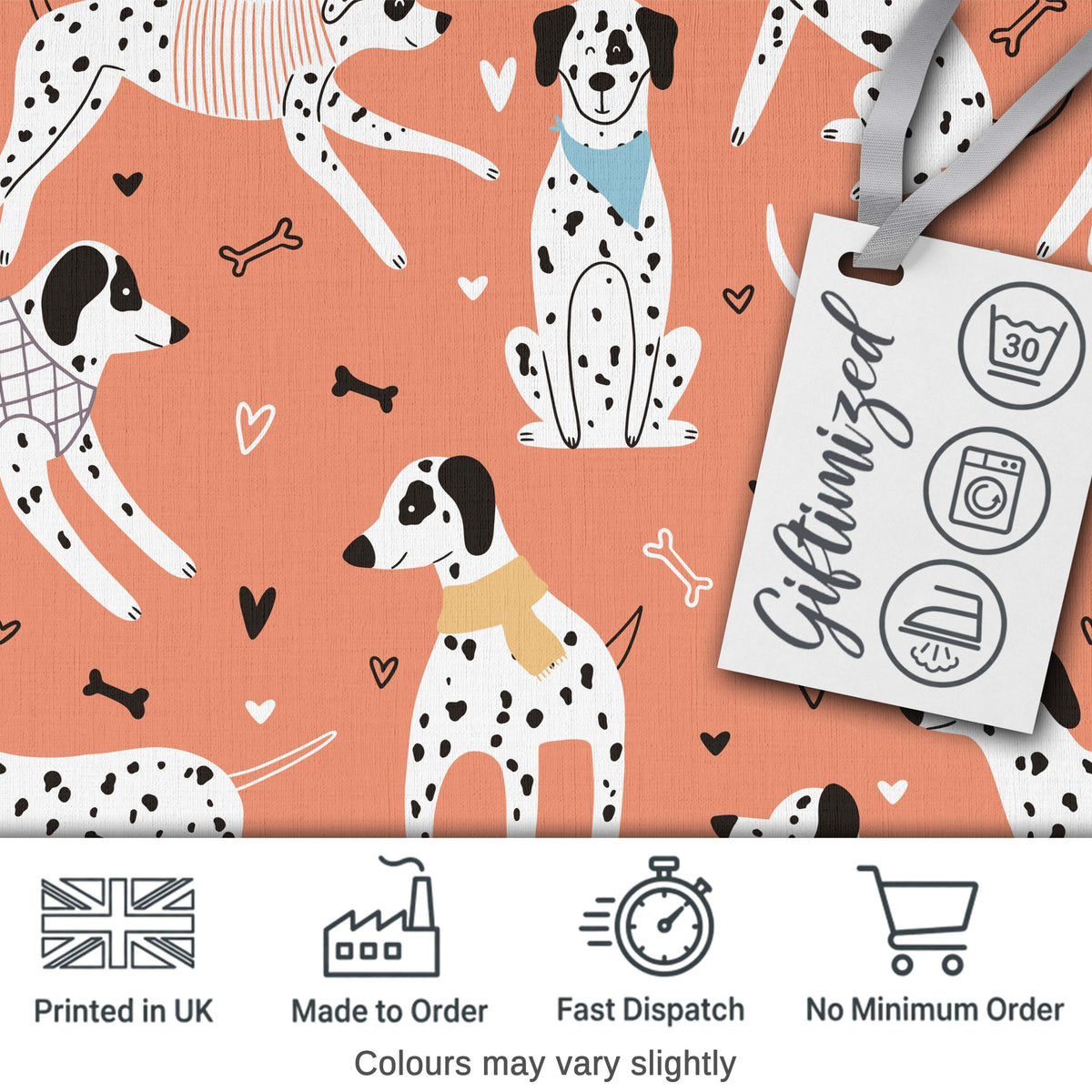 Dalmatian Dogs Hearts Peach Background Seamless Pattern Lovely Digital Print Material by the Metre UK Sewing Quilting Textile