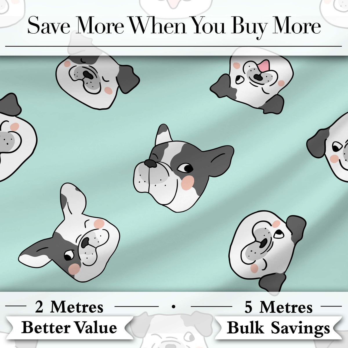 Cute French Bulldog Faces Teal Background Seamless Pattern Lovely Digital Print Material by the Metre UK Sewing Quilting Textile