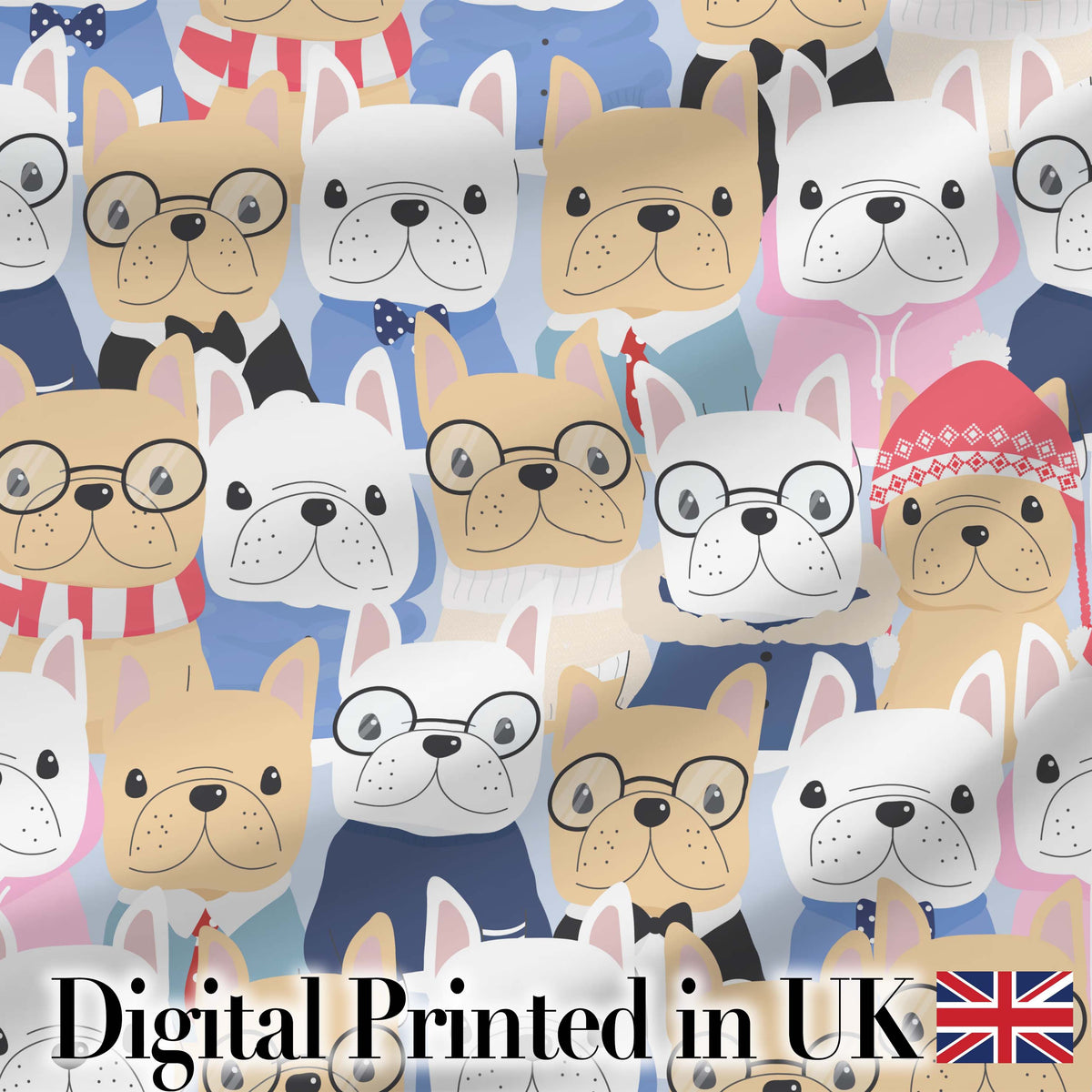Stylish French Bulldog Dogs Fashion Outfit Seamless Pattern Lovely Digital Print Material by the Metre UK Sewing Quilting Textile