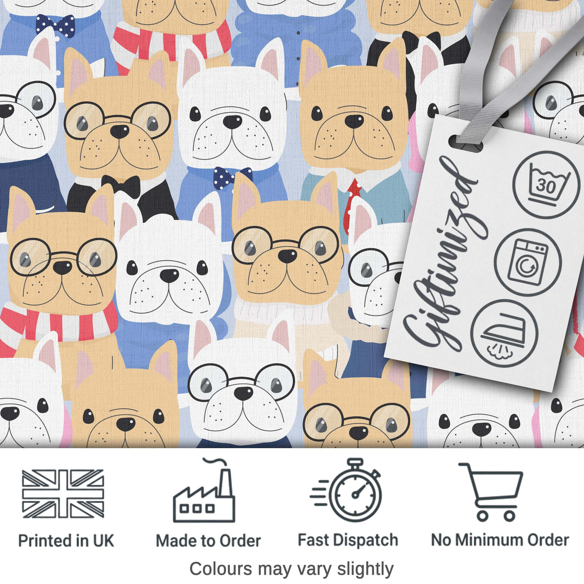 Stylish French Bulldog Dogs Fashion Outfit Seamless Pattern Lovely Digital Print Material by the Metre UK Sewing Quilting Textile