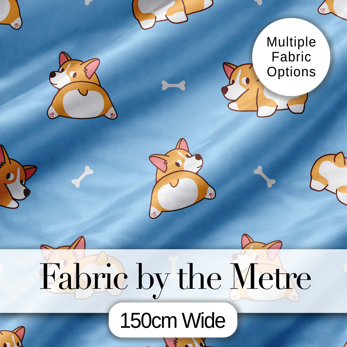 Cute Cartoon Corgi Dogs Bone Blue Background Seamless Pattern Lovely Digital Print Material by the Metre UK Sewing Quilting Textile