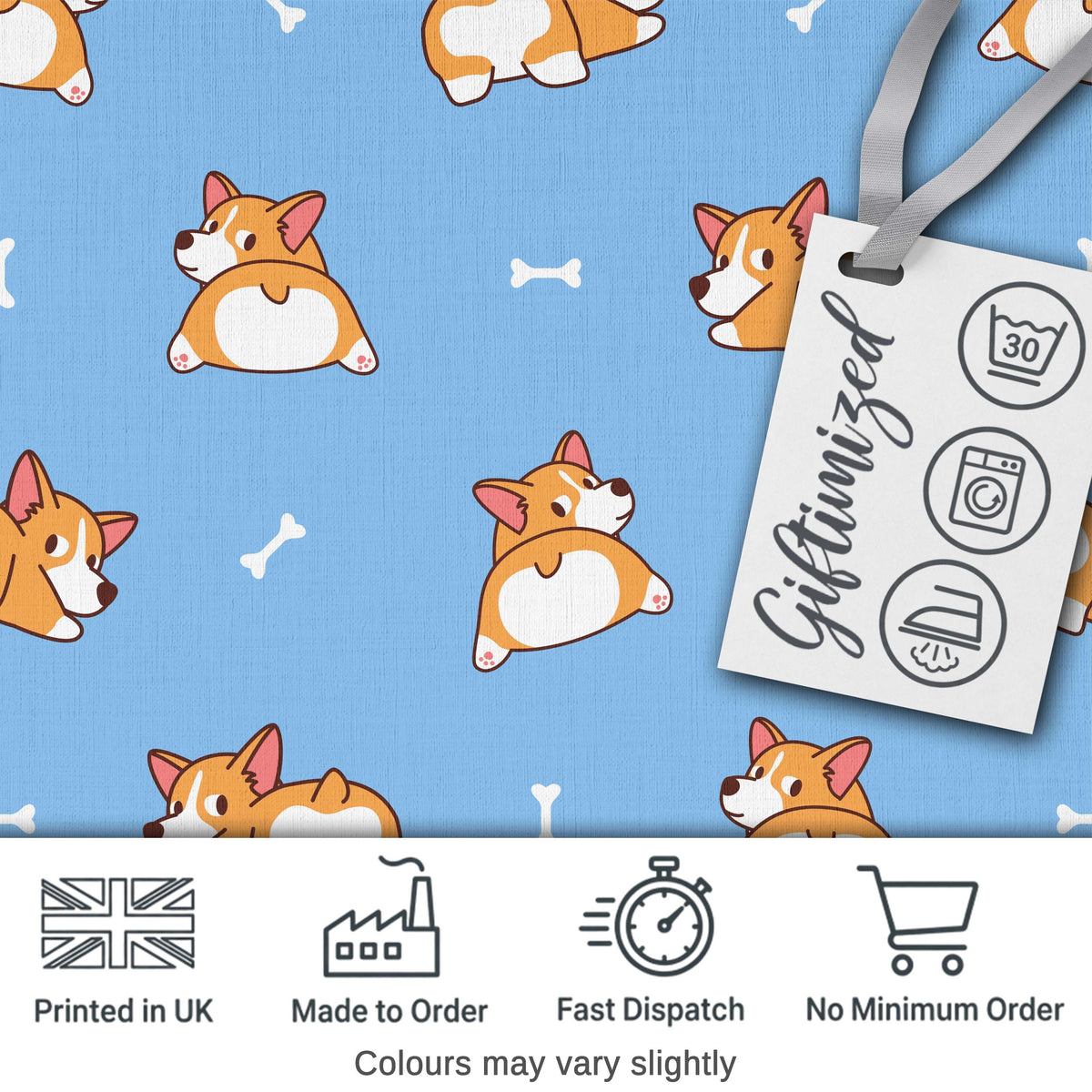 Cute Cartoon Corgi Dogs Bone Blue Background Seamless Pattern Lovely Digital Print Material by the Metre UK Sewing Quilting Textile
