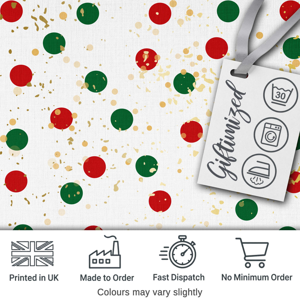 Red and Green Polka Dots with Gold Splatter Seamless Pattern Lovely Digital Print Material by the Metre UK Sewing Quilting Textile