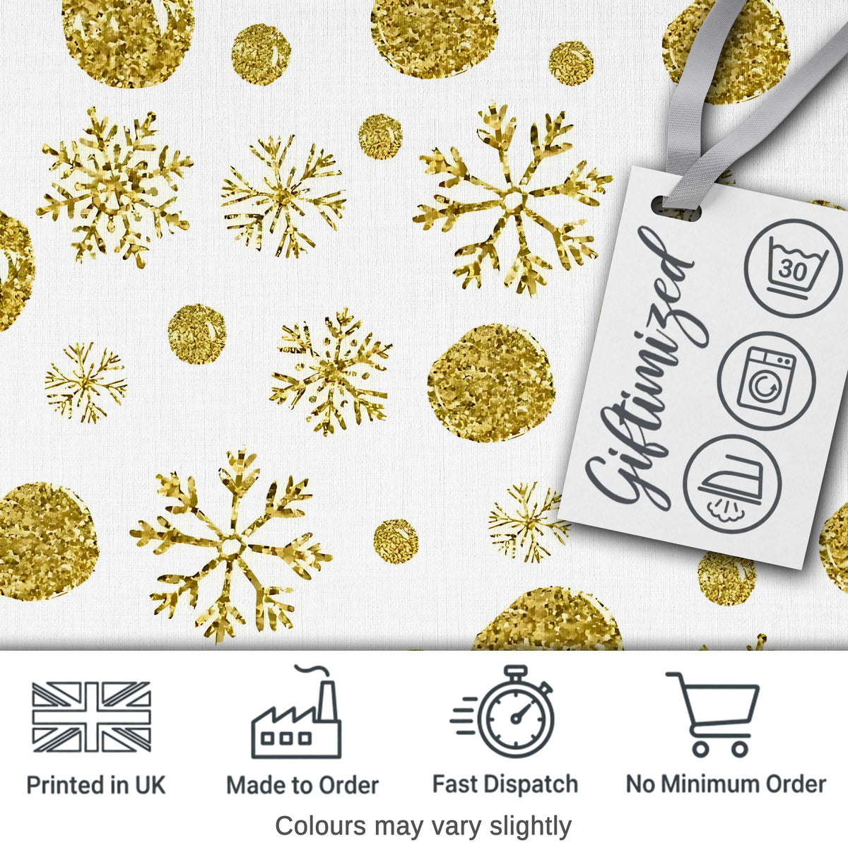 Gold Snowflakes and Glitter Dots Seamless Pattern Cute Unique Gift Digital Print Material by the Metre UK Sewing Quilting Textile