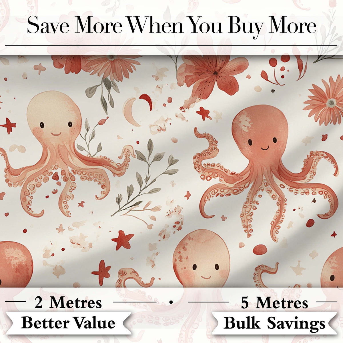 Cute Octopus and Floral Watercolor Seamless Pattern Cute Unique Gift Digital Print Material by the Metre UK Sewing Quilting Textile