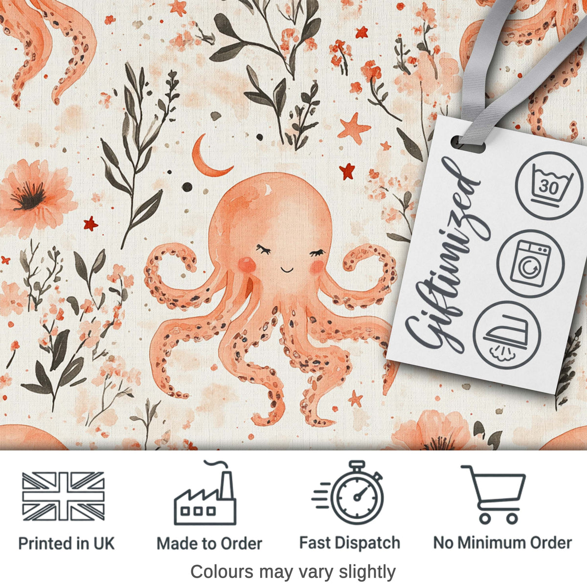 Cute Octopus Floral Seamless Pattern Charming Decor Lovely Digital Print Material by the Metre UK Sewing Quilting Textile