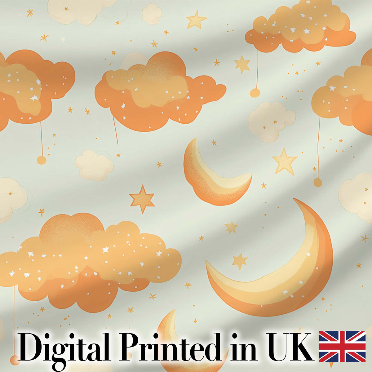 Orange Clouds Moon Stars Seamless Pattern Cute Unique Gift Lovely Digital Print Material by the Metre UK Sewing Quilting Textile