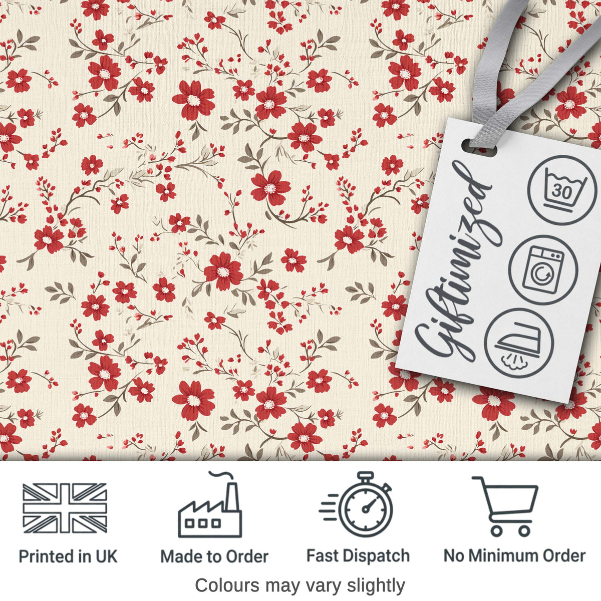 Red Floral Cream Background Seamless Pattern Beautiful Coffee Cup Digital Print Material by the Metre UK Sewing Quilting Textile