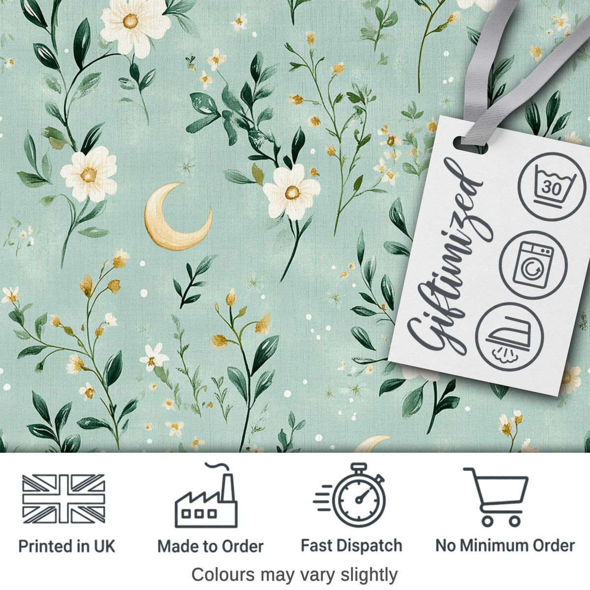 Green Floral Moon Seamless Pattern Charming Decor Lovely Digital Print Material by the Metre UK Sewing Quilting Textile